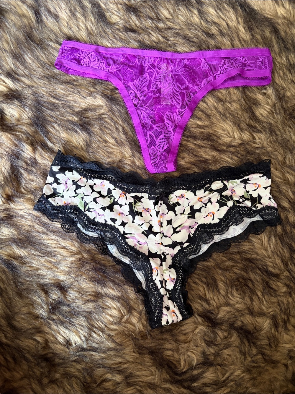 Auden Purple Lace Thong & Black Floral Lace-Trim Cheeky Panty Set Size M